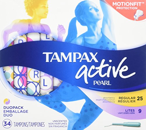 Tampax Pearl Active Plastic Tampons, Duopack, Light/regular Absorbency, Unscented, 36 Count