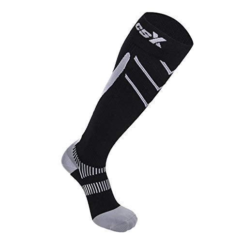 CSX Compression Socks for Men and Women, Knee High, Recovery Support, Athletic Sport Fit, Silver on Black, Small (15-20 mmHg)