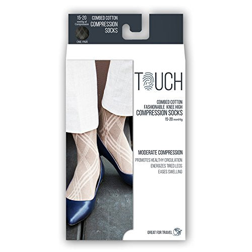 TOUCH Compression Socks for Women, 15-20 mmHg, Argyle, Cotton, 1 pair, Black, Large