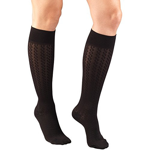 Truform Compression Socks for Women, 15-20 mmHg, Black Cable Pattern, Large