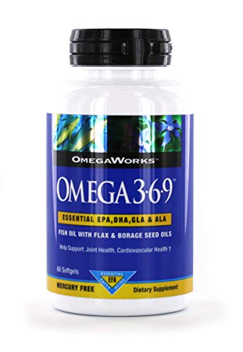 OmegaWorks Omega 3-6-9, Essential EPA/DHA/GLA/ALA Fatty Acids, Healthy Joints, 60 softgels, 20 servings