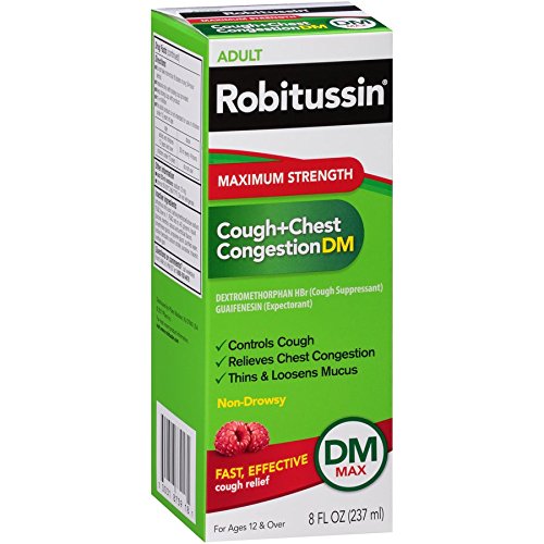 Robitussin Adult Maximum Strength Cough + Chest Congestion DM Max (8 fl. oz. Bottle), Non-Drowsy Cough Suppressant & Expectorant, Raspberry Flavor