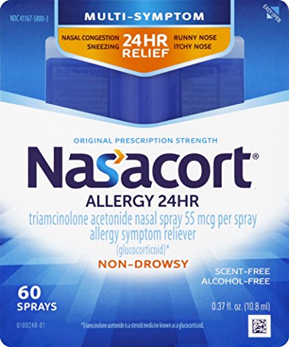 Nasacort Allergy 24 Hour Nasal Spray, 60 Sprays (0.37 fl. oz), Provides Relief for Allergy Symptoms Including Nasal Congestion, Sneezing, Runny Nose, Itchy Nose, Alcohol and Scent Free Nasal Spray