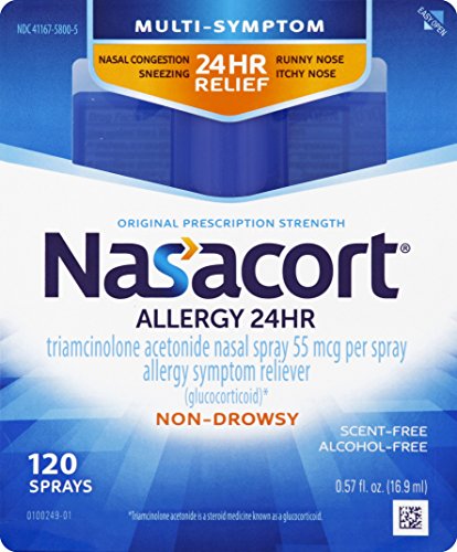 Nasacort Allergy 24 Hour Nasal Spray, 120 Sprays (0.57 fl. Ounce), Provides Relief for Allergy Symptoms Including Nasal Congestion, Sneezing, Runny Nose, Itchy Nose, Alcohol and Scent Free Nasal Spray