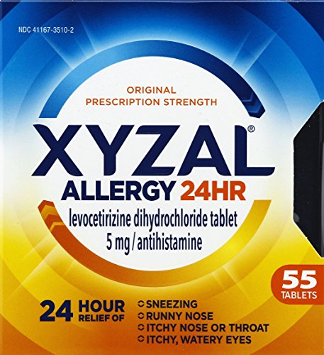 Xyzal Allergy 24 Hour, Allergy Tablet, 55 Count, All Day and Night Relief from Allergy Symptoms Including Sneezing, Runny Nose, Itchy Nose or Throat, Itchy, Watery Eyes