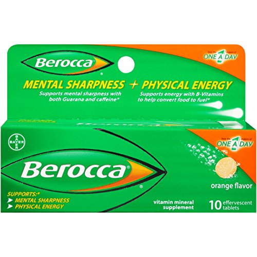 Berocca with Caffeine and Guarana to Support Mental Sharpness and B Vitamins to Support Physical Energy, Orange Flavor, Effervescent Tablets, 10 Count