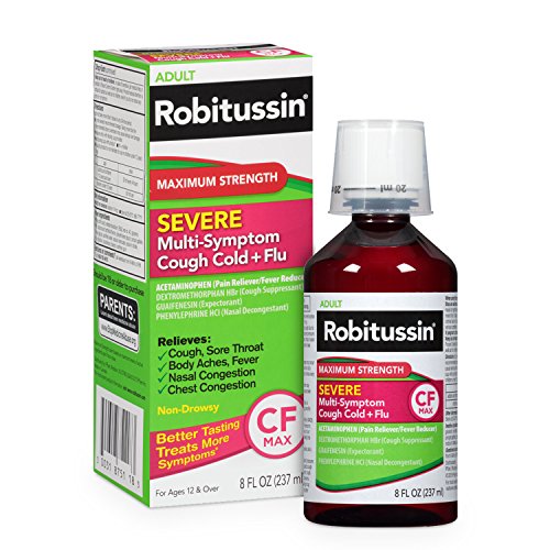 Robitussin Adult Maximum Strength Severe Multi-Symptom Cough (8 fl. oz. Bottle), Cold + Flu CF Max, Non-Drowsy, Raspberry Mint Flavor