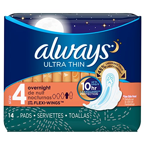 Always Ultra Thin Feminine Pads for Women, Size 4, Overnight Absorbency, with Wings, Unscented, 14 Count -  (56 Count Total)