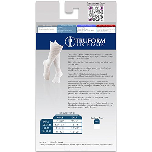 Truform Men's 15-20 mmHg Knee High Cushioned Athletic Support Compression Socks, White, Large