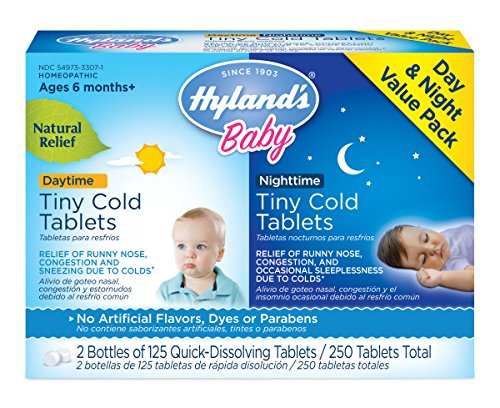 Hyland's Baby Day & Night Tiny Cold Tablets, Natural Relief of Runny Nose, Congestion, and Occasional Sleeplessness Due to Colds, 250 Quick-Dissolving Tablets