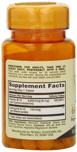 Sundown Naturals Sublingual Vitamin B-12 6000 mcg, 60 Tablets Cherry Flavor