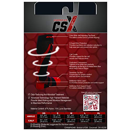 CSX Compression Socks for Men and Women, Knee High, Recovery Support, Athletic Sport Fit, Black on Red, X-Large (15-20 mmHg)