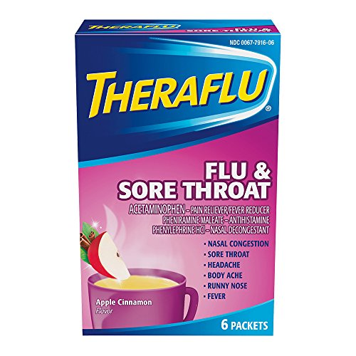 Theraflu Flu & Sore Throat Powder, Apple Cinnamon Flavor, 6 Packets