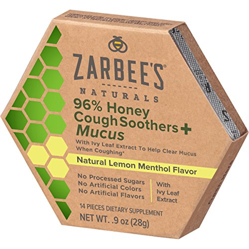 Zarbee's Naturals 96% Honey Cough Soothers + Mucus with Ivy Leaf Extract, Natural Lemon Menthol Flavor, 14 Count