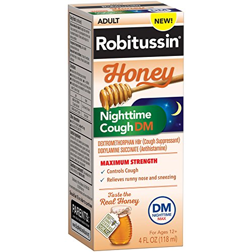 Robitussin Honey Adult Maximum Strength Nighttime Cough DM Max, Cough Suppressant & Antihistamine, Real Honey, 4 fl. oz. Bottle