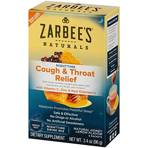 Zarbee's Naturals Cough & Throat Relief Nighttime Drink Mix with Vitamin C, Zinc, Real Elderberry, Natural Honey Lemon Flavor, 6 Packets