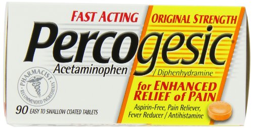 Original Percogesic enhanced pain relief -Acetaminophen 325 mg, Diphenhydramine 12.5 mg - Fast Acting Coated Caplets, 90 Count. Aspirin Free. Pain Reliever, Fever Reducer, Antihistamine