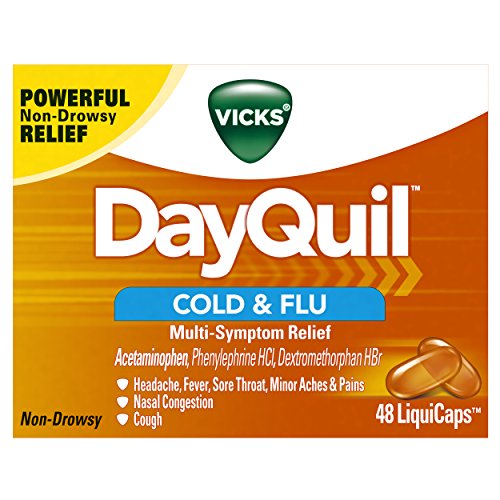 Vicks DayQuil Cold & Flu Multi-Symptom Relief, 48 LiquiCaps - #1 Pharmacist Recommended –Non-Drowsy, Daytime Sore Throat, Fever, and Congestion Relief