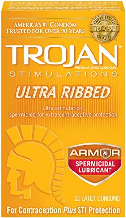 Trojan Condom Stimulations Ultra Ribbed Spermicidal Condom, 12 Count