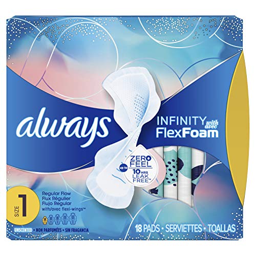 Always Infinity Feminine Pads for Women, Size 1, Regular Absorbency,with Wings, Unscentd, 18 Count -  (72 Count Total)