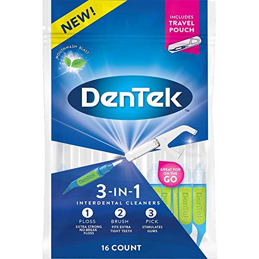 Dentek 3 In 1 Interdental Cleaner | Floss, Brush, and Pick | 16 Count with Travel Pouch