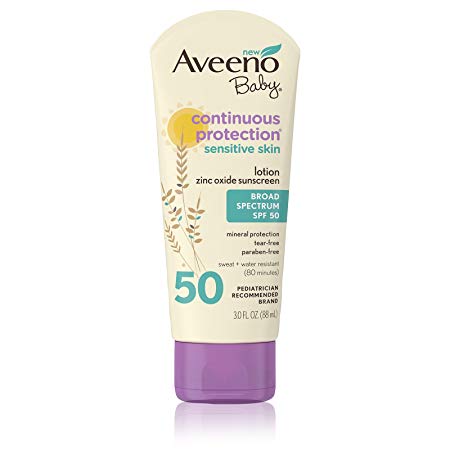 Aveeno Baby Continuous Protection Zinc Oxide Mineral Sunscreen Lotion for Sensitive Skin with Broad Spectrum SPF 50, Tear-Free, Sweat- & Water-Resistant, Travel-Size, 3 fl. oz