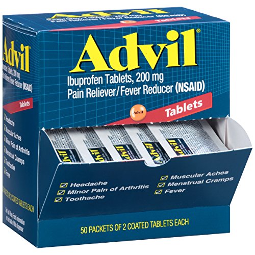 Advil (50 Packets of 2 Capsules) Pain Reliever / Fever Reducer Coated Tablet, Individually Sealed, 200mg Ibuprofen, Temporary Pain Relief, Travel Pack