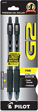 Pilot G2 Retractable Premium Gel Ink Roller Ball Pens Fine Point 2-Pack Black Ink (31031)