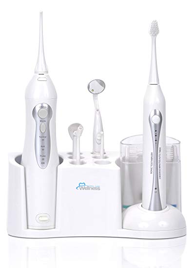 Wellness Oral Care Home Dental Center with Rechargeable Ultra Sonic Toothbrush, Irrigator Water Flosser, 8 Attachments, Lighted Mirror and Countertop Base (WE6200)