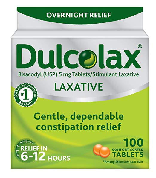 Dulcolax Laxative Tablets, 100 Count, Gentle, Reliable Overnight Relief from Constipation, Hard, Dry, Painful Stools, and Irregular Bowel Movements, Stimulates Bowel to Encourage Movement