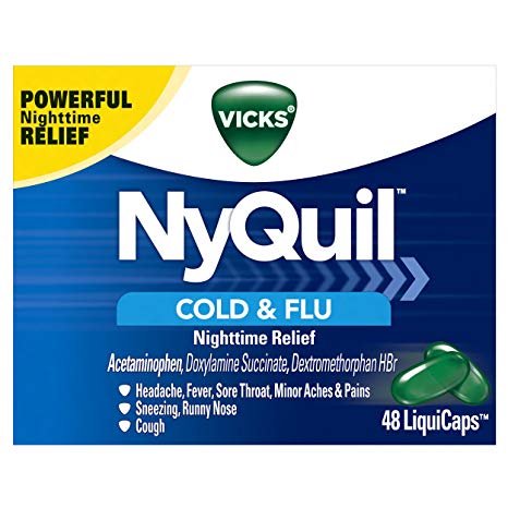 Vicks NyQuil Cough, Cold & Flu Nighttime Relief, 48 LiquiCaps - #1 Pharmacist Recommended – Nighttime Sore Throat, Fever, and Congestion Relief (Packaging May Vary)