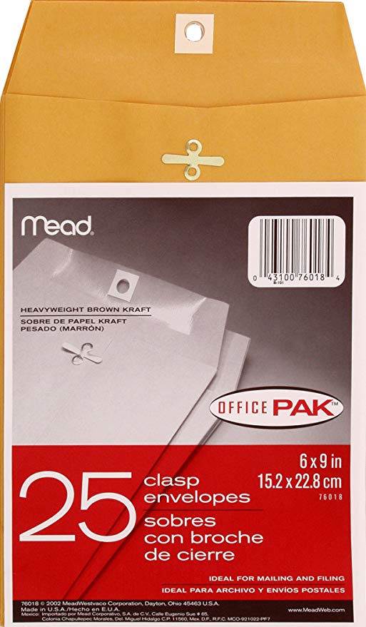 Mead 6X9 Clasp Envelopes, Office 25 Count (76018)