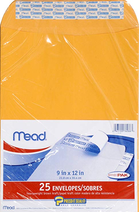 Mead Envelopes, Press-It Seal-It, 9 x 12 Inches, Office Pack, 25 Per Pack (76086)