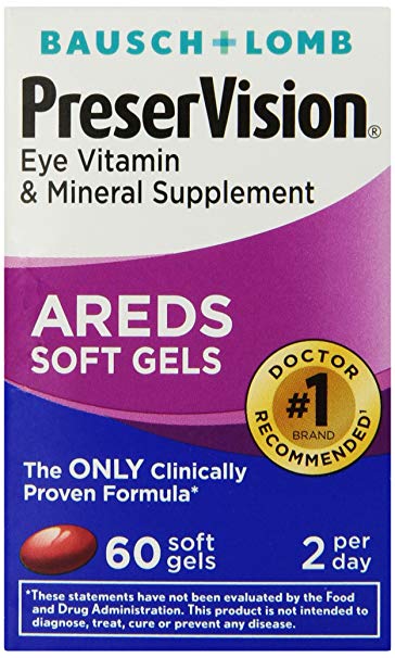 Bausch + Lomb PreserVision AREDS Eye Vitamin & Mineral Supplement Soft Gels, 60 Count Bottle