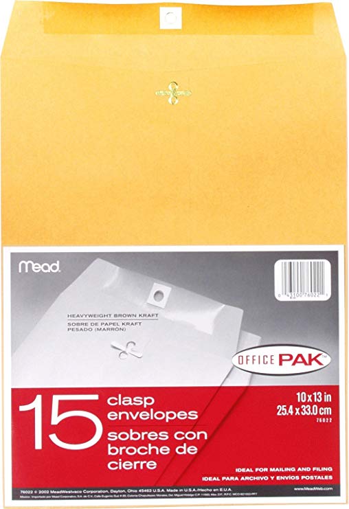 Mead 10X13 Clasp Envelopes, Office Pack 15 Count (76022)