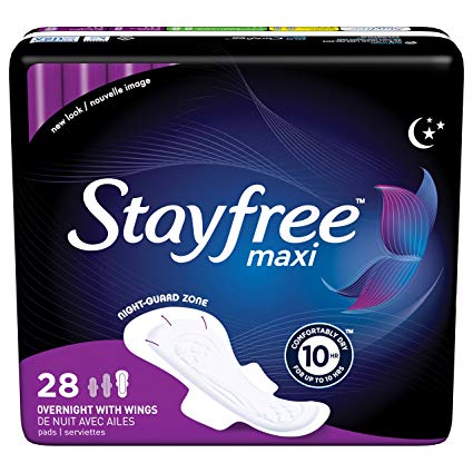 Stayfree Maxi Overnight Pads with Wings For Women, Reliable Protection and Absorbency of Feminine Periods, 28 count