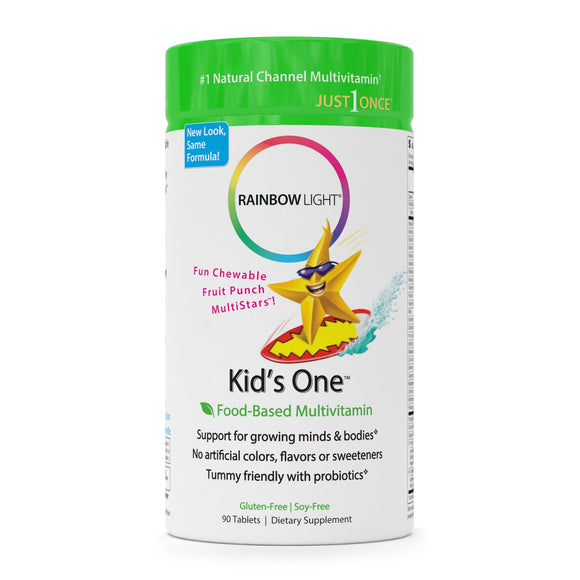 Rainbow Light - Kids One Food-Based Multivitamin - Chewable Probiotic, Vitamin, and Mineral Supplement; Soy and Gluten-Free; Supports Brain, Bone, Heart, Eye and Immune Health in Kids - 90 Tablets