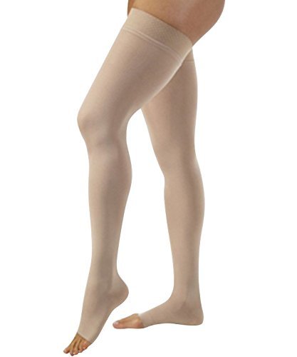 Jobst Relief 20-30 mmHg Open Toe Thigh High Firm Compression Stockings with Silicone Dot Band, Petite/Beige